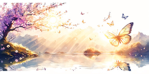 Beautiful landscape: tranquil lake, blossoming tree, sun rays and fluttering butterflies in a serene setting, isolated on white background
