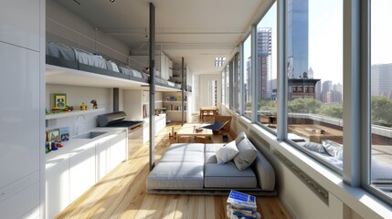 A small modern children's room with two beds, cabinets and ladders, blue pillows, white walls, a window, wood floor, natural light, a spacious interior design of the child's bedroom