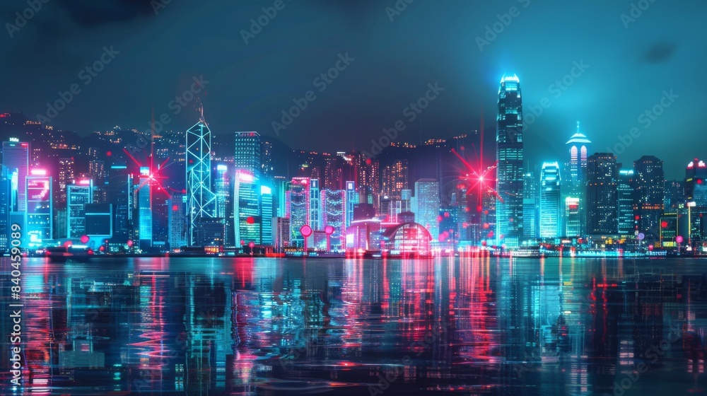 Poster smart network and connection technology concept, hong kong digital city background at night in victo