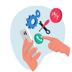 Online technical support. Customer support. Call center operator finds a solution to the problem. Technical support via phone app.Customer assistance 24/7. Vector illustration flat design.