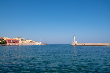 Venetian harbor and lighthouse in Chania. Crete, Greece