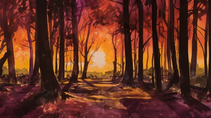 Keuken achterwand Bordeaux A watercolor painting of a forest landscape with a vibrant sunse  © Kseniya