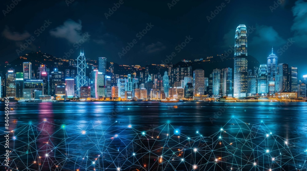 Poster smart network and connection technology concept with hong kong city background at night