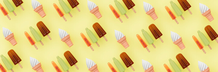 Repetitive flat lay of rows of ice creams and lollies on a vibrant yellow background concept 3d render