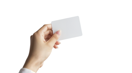 Close-up image of a hand holding a blank, empty credit card. The card is isolated against a transparent background, providing a clear space for customization and design purposes.