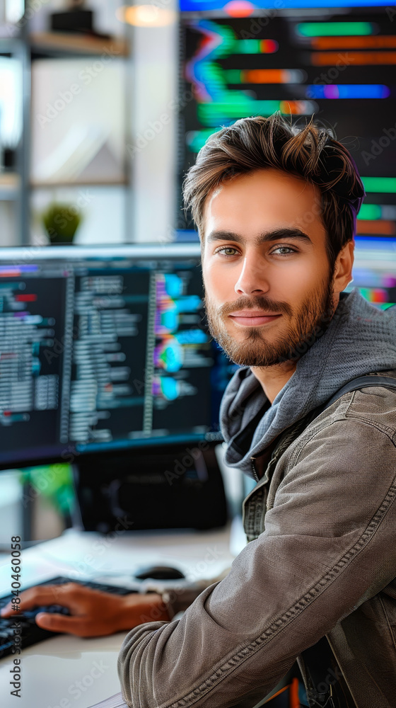 Poster focused male programmer working on code in modern office environment during daytime, highlighting te