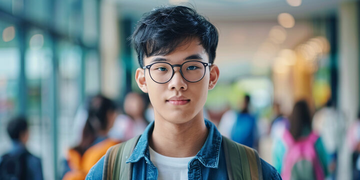 portrait of handsome boy student in the school