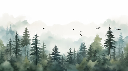 Fototapeta premium Watercolor foggy forest landscape with birds