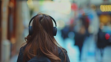 Fototapeta premium Back view of a woman with long hair wearing headphones, walking in a busy city street. Blurred background with people and buildings.