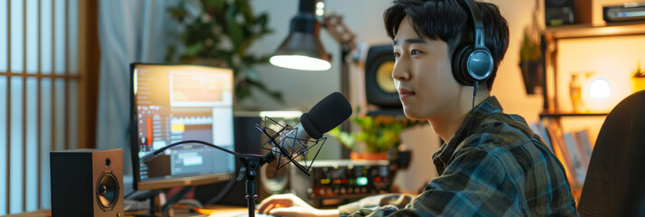 a Korean man creating a podcast from his home office, with professional microphones and sound equipment