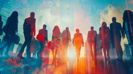 Success of business concept. Positive business. Double exposure of group of multinational businesspeople.