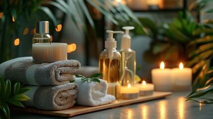spa skin care product set decoration, towel candle, oil bottle 