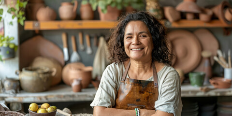 a Latin American woman attending a virtual pottery workshop from her home, with clay and pottery tools