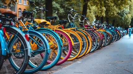 Colorful bicycles lined up on the street, symbolizing healthy and sustainable living in urban areas.