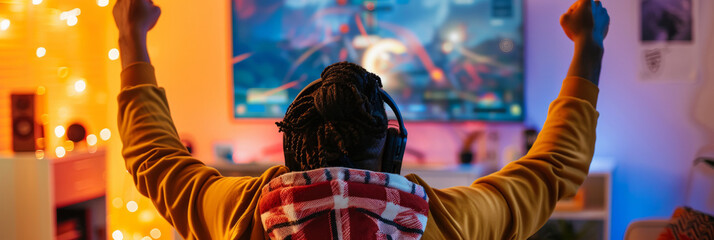 an African American man participating in a virtual gaming tournament from his home gaming setup