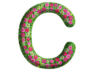 3d of alphabet C, design made from flowers, leaves and green grass on transparent background