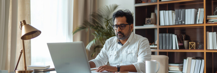 an Indian man conducting an online business coaching session from a modern home office