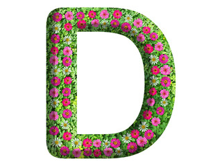 3d of alphabet D, design made from flowers, leaves and green grass on transparent background