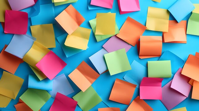 Colorful sticky notes scattered on a blue background in a flat lay. An abstract concept of a working process or business plan with colored sticky post-it cards.