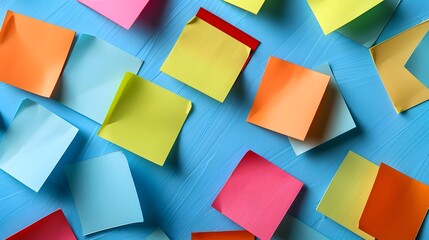 Colorful sticky notes scattered on a blue background in a flat lay. An abstract concept of a working process or business plan with colored sticky post-it cards.