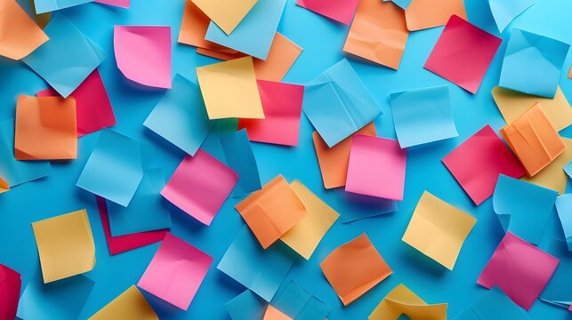Colorful sticky notes scattered on a blue background in a flat lay. An abstract concept of a working process or business plan with colored sticky post-it cards.