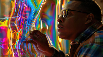 Obraz premium A man wearing glasses examines a piece of iridescent material. He is touching the material with his hand and looking closely at it