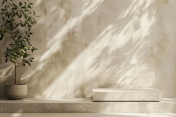 A minimalist podium display with a plant, showcasing a serene beige concrete backdrop, expressing a contemporary product presentation