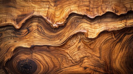 Fototapeta premium Close-up of a natural wood grain pattern showcasing beautiful swirls and textures in rich brown tones. Ideal for backgrounds and design projects.