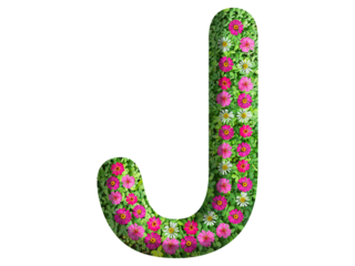 3d of alphabet J, design made from flowers, leaves and green grass on transparent background