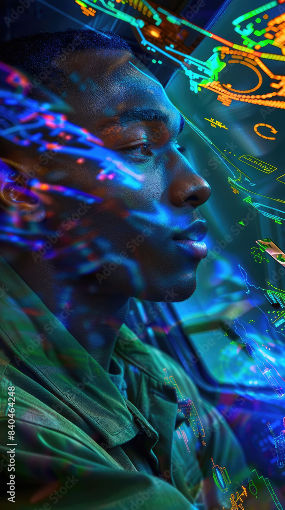Poster a close-up shot of a man in a green jacket, looking intently at a glowing digital interface. the int