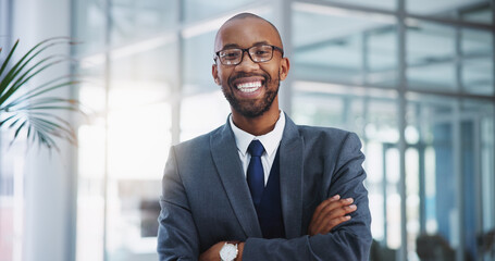 Corporate, portrait and black man with arms crossed in office for legal advice, professional and...