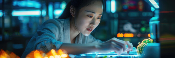 Fototapeta premium A woman in a lab coat works intently on a glowing surface, surrounded by futuristic equipment and bright blue lights