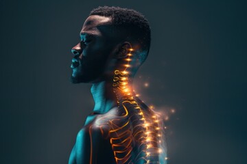 An African American man with a transparent body showcasing his spine, with glowing pain lines radiating from the spine