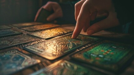 Naklejka premium Close-up minimalist shot of a hand shuffling intricately designed tarot cards, capturing the details in a clean setting 