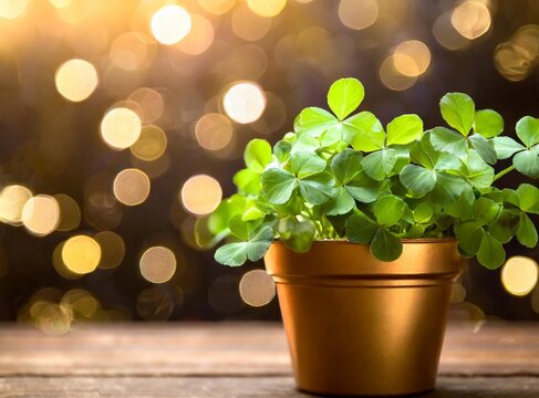 Green clover plant in pot aligned to the right on wooden table with bokeh light background
