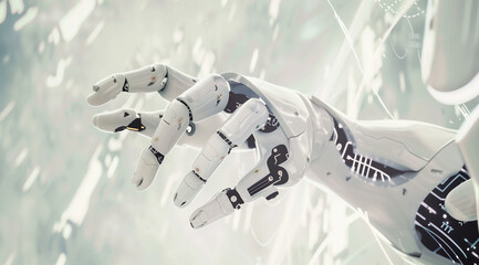 Futuristic robotic hand reaching out against abstract background with technology symbols. Detailed design focus on the robot arm.