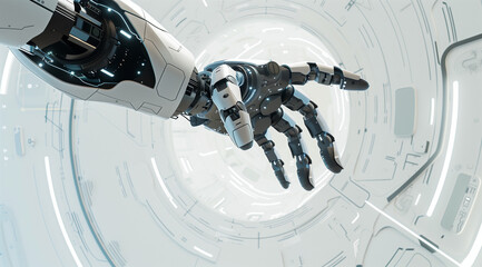 Futuristic robotic hand reaching out with technology symbols against abstract background. Robot's fingers highlighted in black or blue.