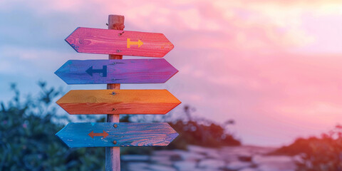An arrow on a post pointing to different destinations with sky background 