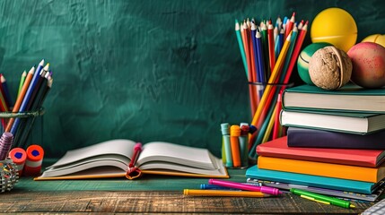 school books, pencils, markers and other accessories on green background, copy space 