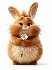 Obraz premium Cartoon illustration, cute fluffy animal with flower, cute gift concept, kids illustration, illustration of fluffy cute animal giving flower 