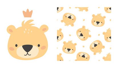 Fototapeta premium Vector set for printing on children's products. Cute bear face with crown. Seamless vector pattern on white background . Vector illustration