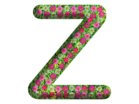 3d of alphabet Z, design made from flowers, leaves and green grass on transparent background