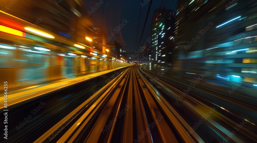 Aufkleber view from first railway carriage. speed motion blur metro abstract background at night