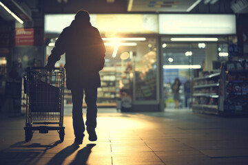 A man in a store with a shopping cart in the evening under warm lighting