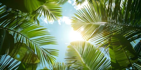 Obraz premium Exotic Beauty Macro Photography of Palm Leaves Against a Bright Sky. Concept Macro Photography, Exotic Beauty, Palm Leaves, Bright Sky, Nature Photography