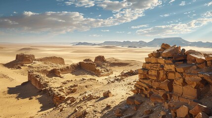 An expansive desert landscape is dotted with the remnants of ancient cities, evoking a sense of awe and wonder at the achievements of our ancestors.
