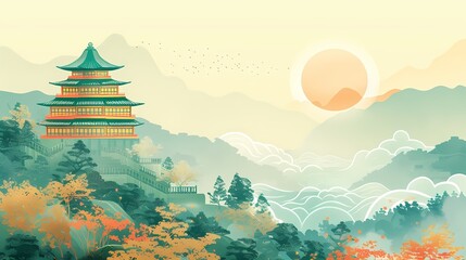 Green and gold traditional building illustration poster background