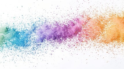 Fototapeta premium A vibrant explosion of rainbow-colored glitter against a white background. The sparkling particles create a dynamic and festive visual, with colors blending seamlessly. 