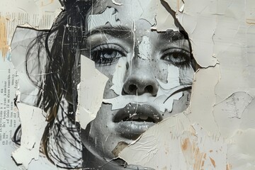 Abstract torn paper collage portrait of a woman, blending art and decay in black and white tones
