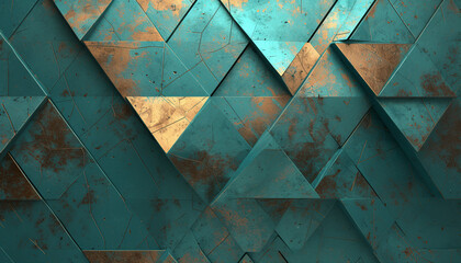 Abstract copper triangular background, turquoise, corrosion texture, gold, polygonal pattern